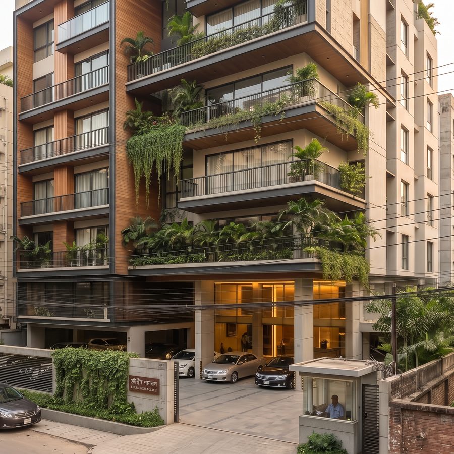 Modern apartment building with wood cladding and planted balconies on a Dhaka street