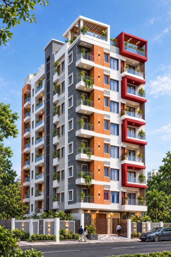 Tarkan Castle, a contemporary high-rise apartment tower with red accent balconies and rooftop pergola