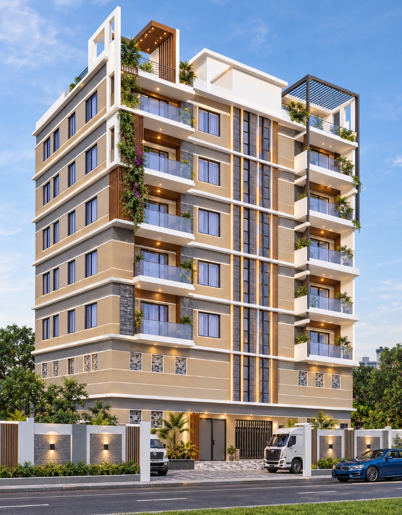 Tarkan Heights, a modern luxury residential building with vertical LED architectural lighting and glass balconies